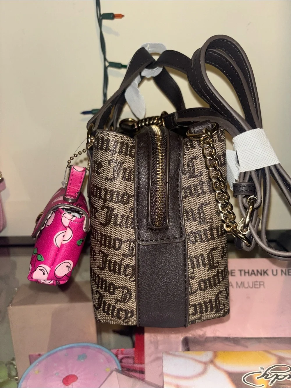 Juicy Couture Taupe Brown Logo Satchel with Pink Cherry Coin Pouch